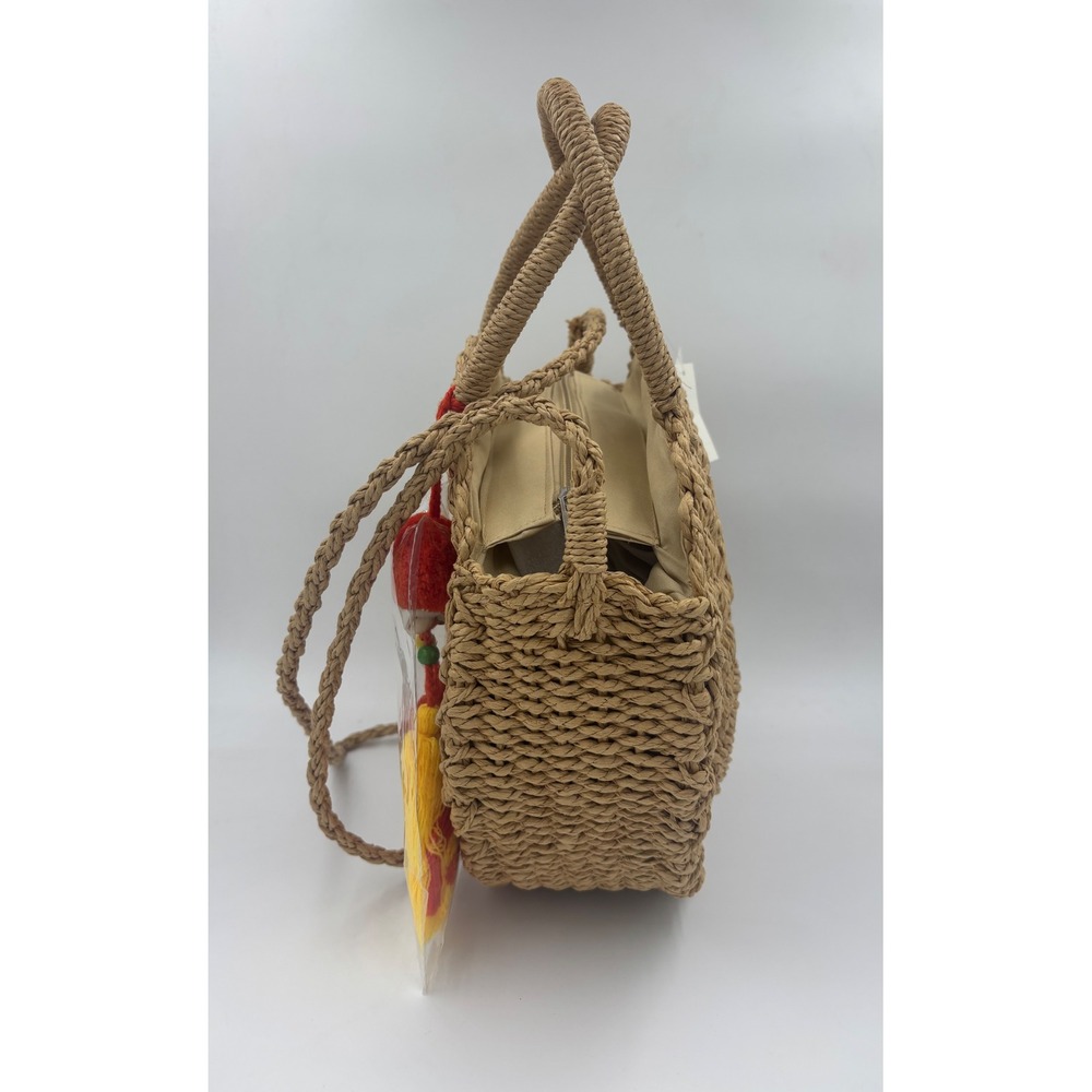 NWT Carlos by Carlos Santana Round Straw Crossbody Bag Tan Woven Tassel‎ New - Picture 3 of 9